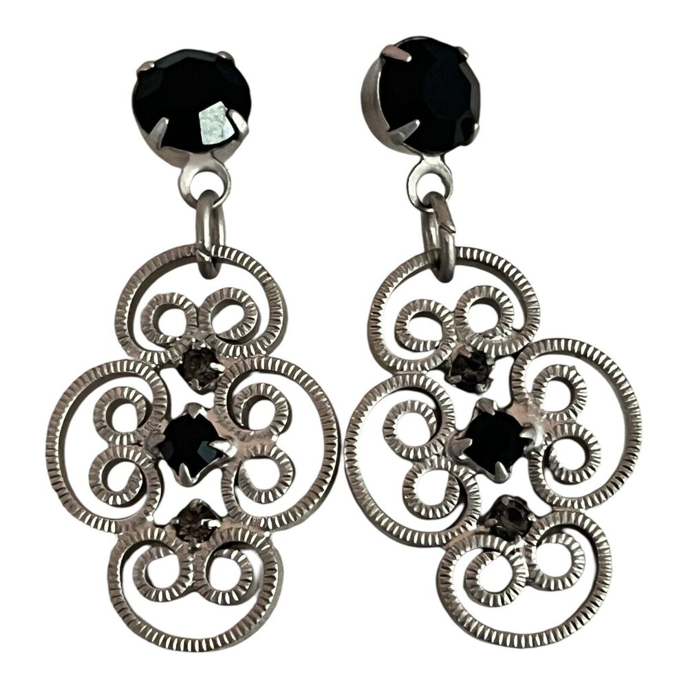 Vintage 1980s Silver Tone Filigree Drop Earrings Black Crystal Unworn Stock - 3K